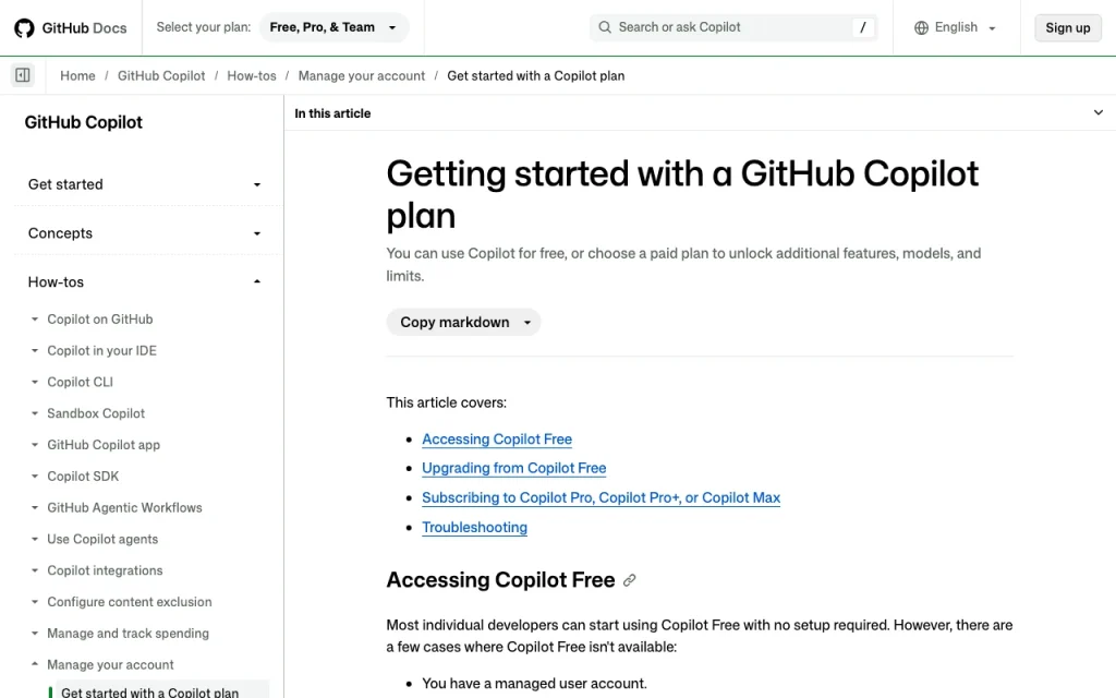 GitHub Copilot Hilfecenter – Screenshot des KI-Tools coding, Oct 1, 2026