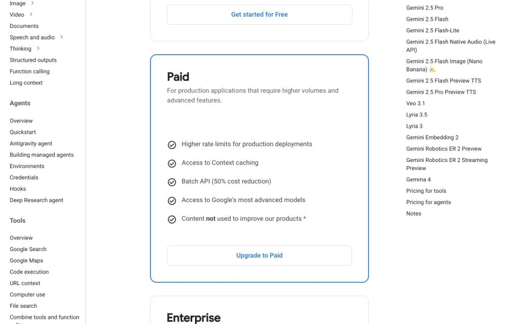 Google AI Studio page de tarifs avec offres et prix — capture d'écran de l'outil d'IA programmation, Oct 2, 2026