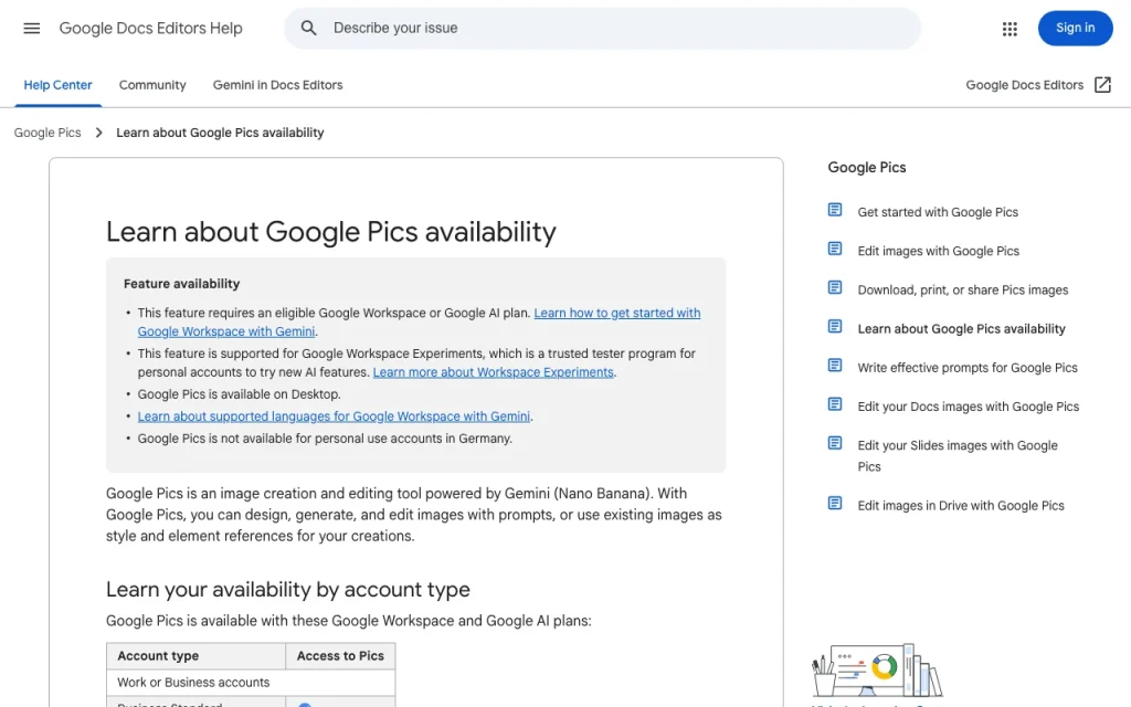 Google Pics help center — screenshot of the image generation AI tool, Oct 1, 2026