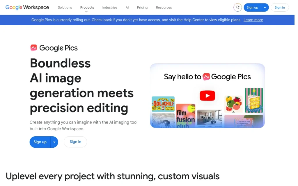 Google Pics página inicial: captura de tela da ferramenta de IA geração de imagens, Oct 1, 2026