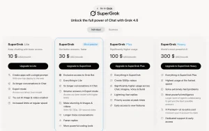 Grok pricing page with plans and prices — screenshot of the chat assistants AI tool, 2026-10-01