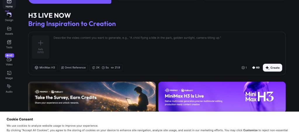 Hailuo AI homepage screenshot, video AI tool