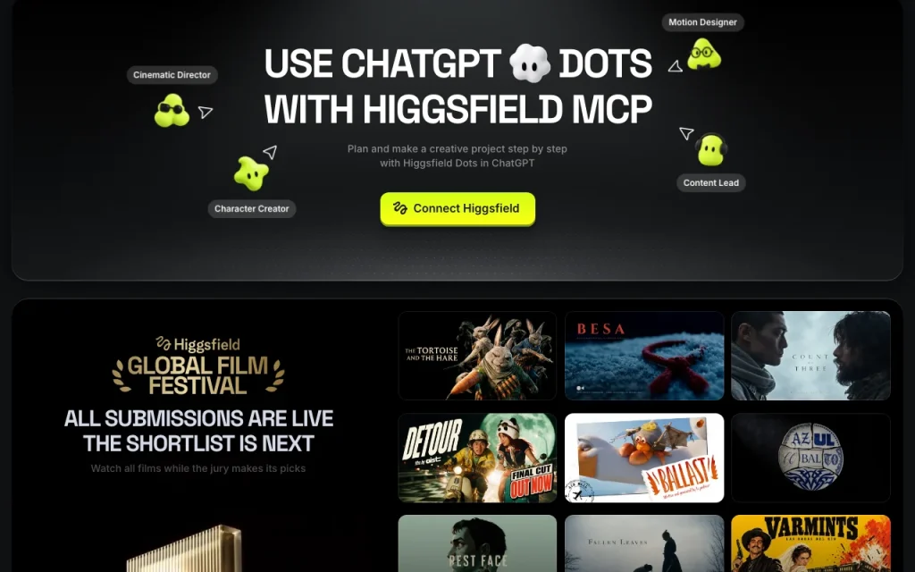 Higgsfield AI página principal — captura de pantalla de la herramienta de IA video, Oct 1, 2026