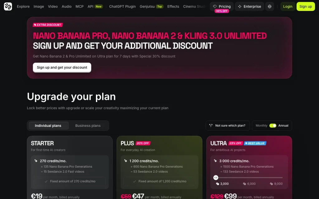 Higgsfield AI pricing page with plans and prices — screenshot of the video AI tool, Oct 1, 2026