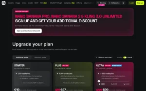 Higgsfield AI pricing page with plans and prices — screenshot of the video AI tool, 2026-10-01