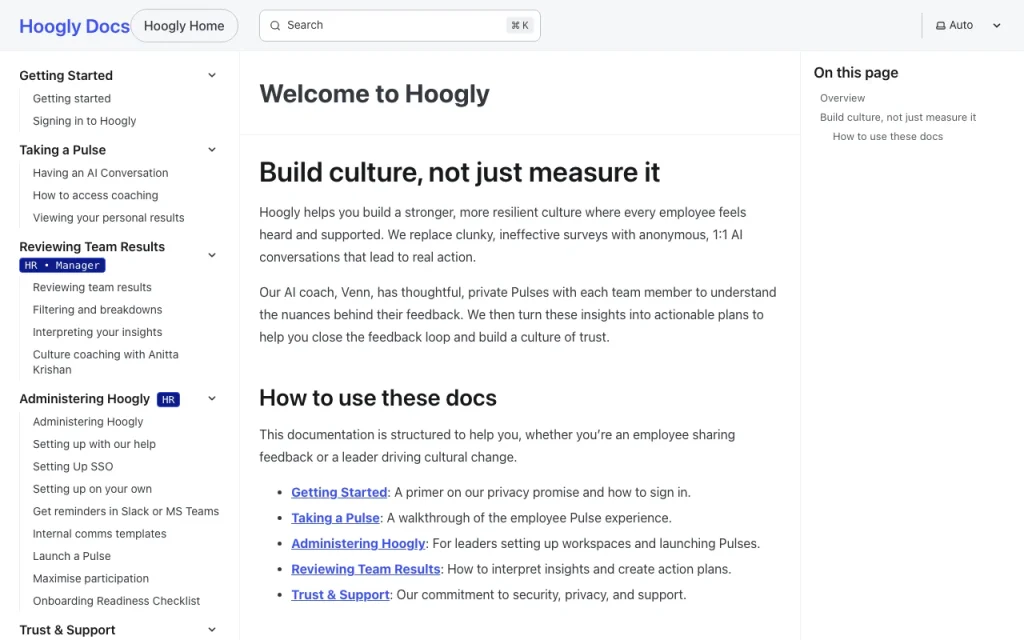 Hoogly documentation — capture d'écran de l'outil d'IA productivité et rédaction, Oct 1, 2026