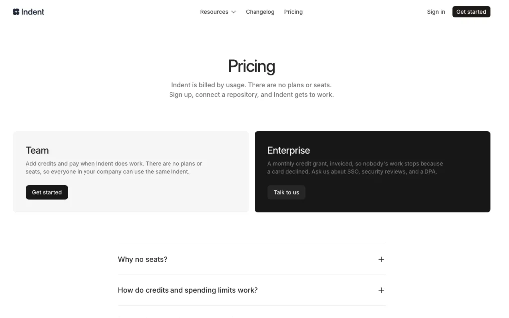 Indent página de precios con planes y precios — captura de pantalla de la herramienta de IA programación, Oct 2, 2026