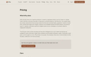 Inficy pricing page with plans and prices — screenshot of the coding AI tool, 2026-10-01