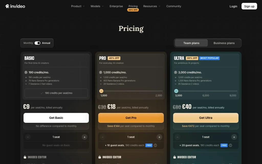 invideo pricing page with plans and prices — screenshot of the video AI tool, Oct 1, 2026