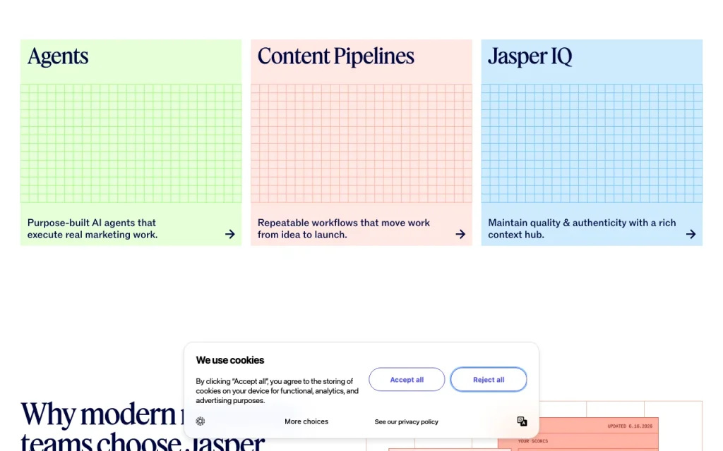 Jasper page d'accueil — capture d'écran de l'outil d'IA productivité et rédaction, Oct 1, 2026