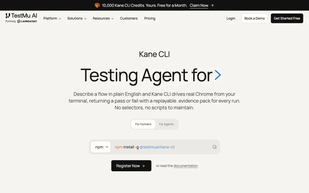 Kane CLI (TestMu AI, formerly LambdaTest) Startseite – Screenshot des KI-Tools coding, Oct 1, 2026