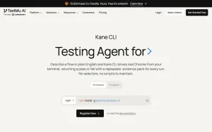 Kane CLI (TestMu AI, formerly LambdaTest) homepage — screenshot of the coding AI tool, 2026-10-01