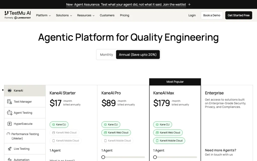 Kane CLI (TestMu AI, formerly LambdaTest) página de precios con planes y precios — captura de pantalla de la herramienta de IA programación, Oct 1, 2026
