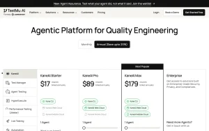 Kane CLI (TestMu AI, formerly LambdaTest) pricing page with plans and prices — screenshot of the coding AI tool, 2026-10-01