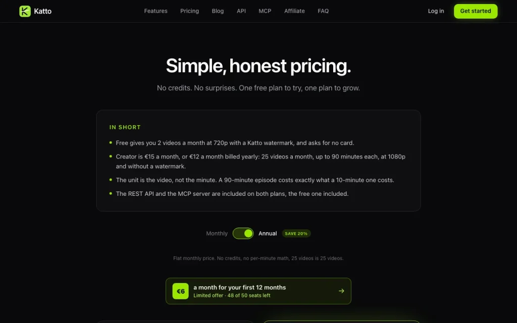 Katto pricing page with plans and prices — screenshot of the video AI tool, Oct 1, 2026