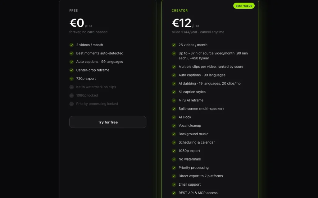 Katto pricing page with plans and prices — screenshot of the video AI tool, Oct 1, 2026