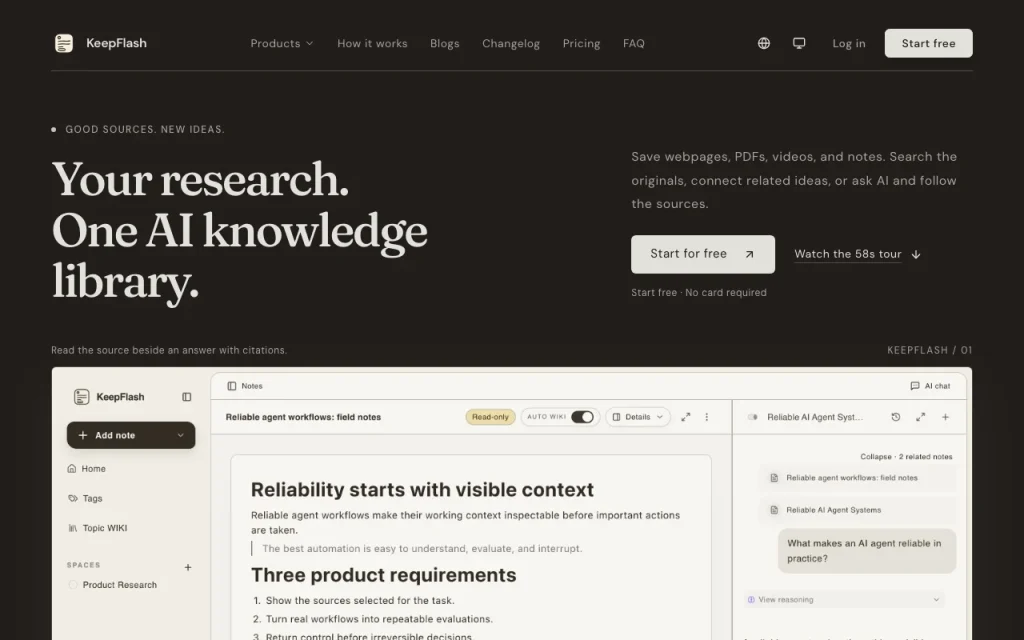 KeepFlash página principal — captura de pantalla de la herramienta de IA investigación y búsqueda, Oct 1, 2026