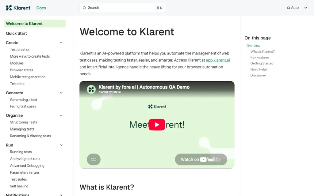 Klarent documentation — screenshot of the coding AI tool, Oct 1, 2026