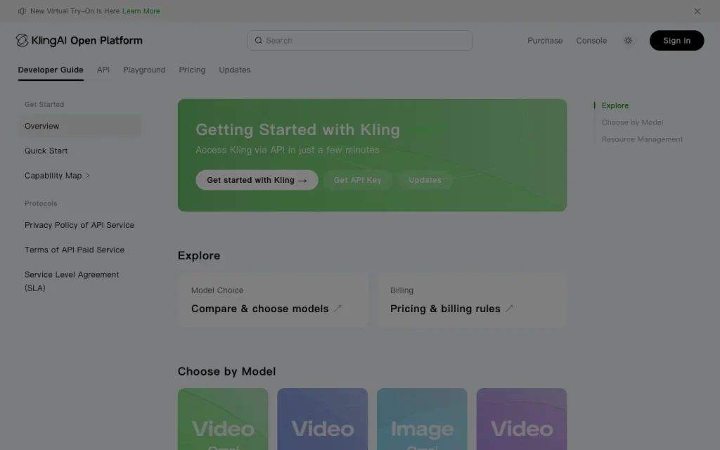 Kling AI Documentación de la API — captura de pantalla de la herramienta de IA video, Oct 1, 2026