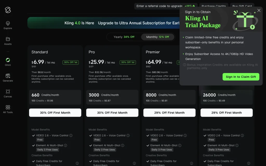 Kling AI página de precios con planes y precios — captura de pantalla de la herramienta de IA video, Oct 1, 2026