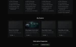 Kling AI pricing page with plans and prices — screenshot of the video AI tool, 2026-10-01