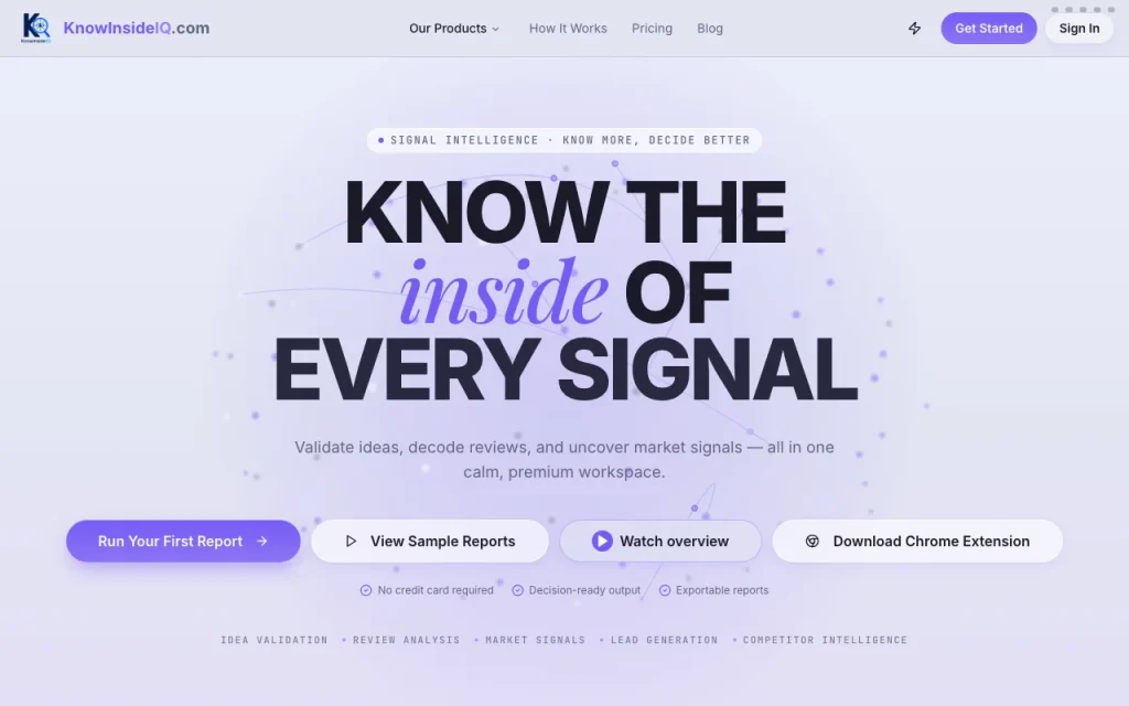 KnowInsideIQ Startseite – Screenshot des KI-Tools recherche & suche, Oct 1, 2026
