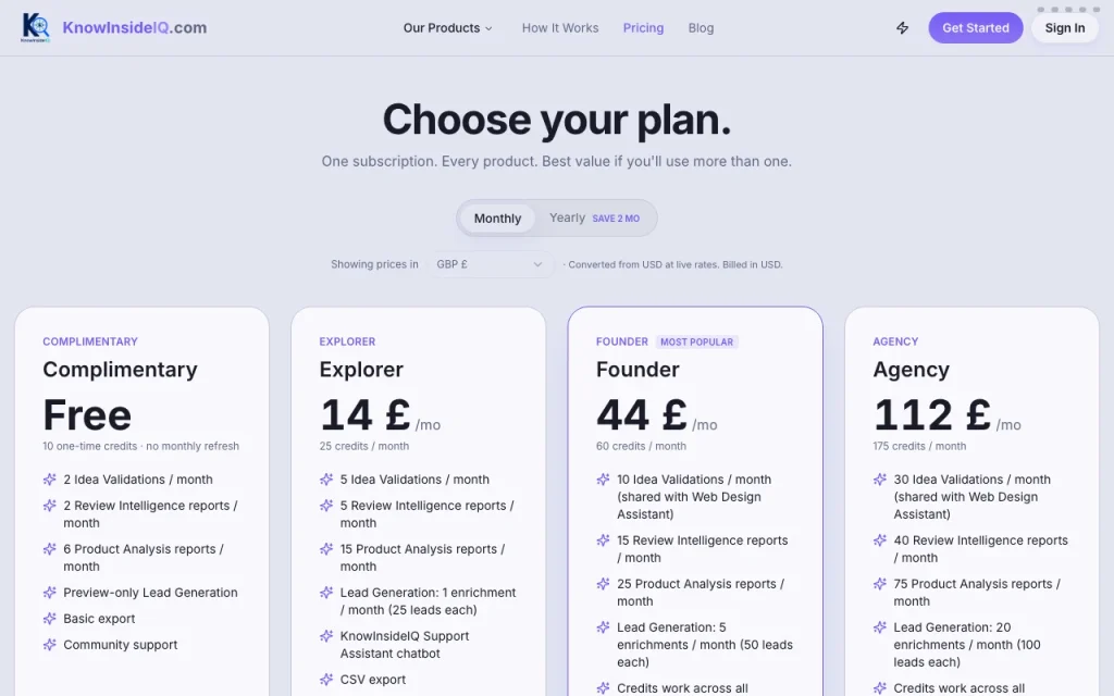 KnowInsideIQ pricing page with plans and prices — screenshot of the research & search AI tool, Oct 1, 2026