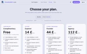 KnowInsideIQ pricing page with plans and prices — screenshot of the research & search AI tool, 2026-10-01