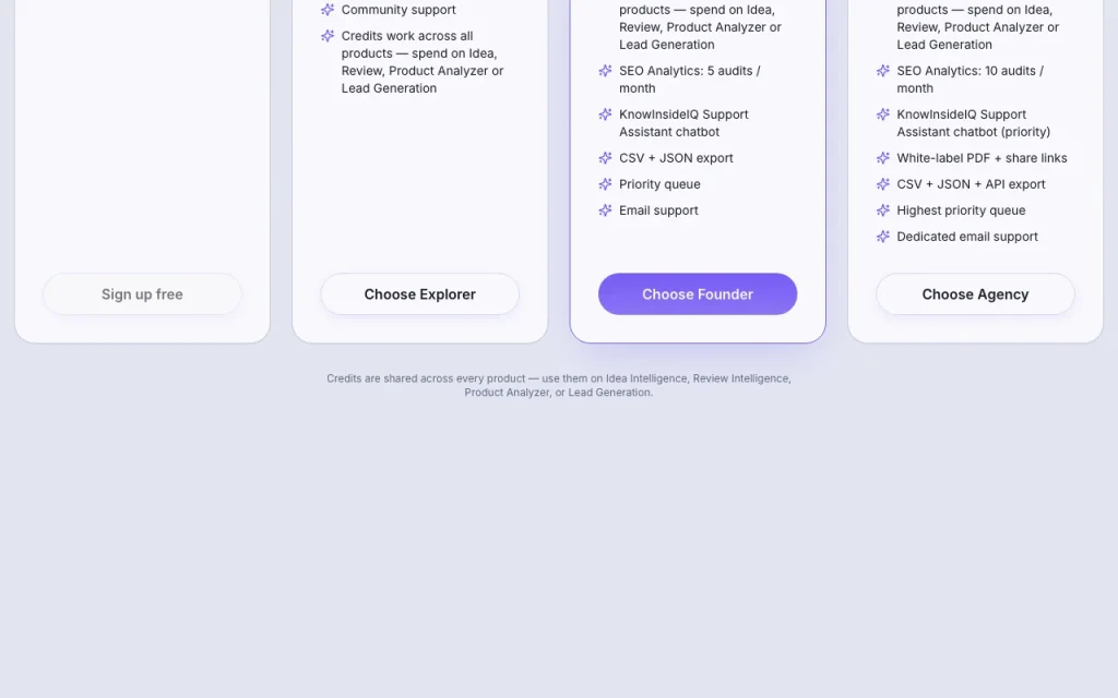 KnowInsideIQ pricing page with plans and prices — screenshot of the research & search AI tool, Oct 1, 2026