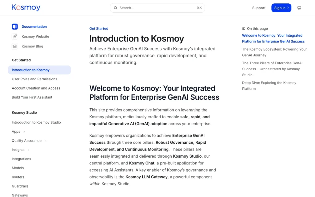 Kosmoy documentation — screenshot of the productivity & writing AI tool, Oct 1, 2026