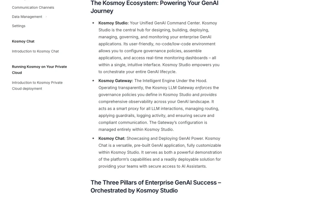 Kosmoy documentation — screenshot of the productivity & writing AI tool, Oct 1, 2026