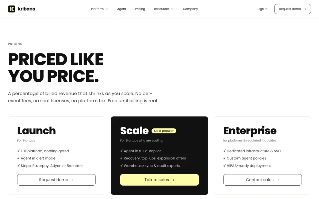 Kribana pricing page with plans and prices — screenshot of the productivity & writing AI tool, Oct 1, 2026