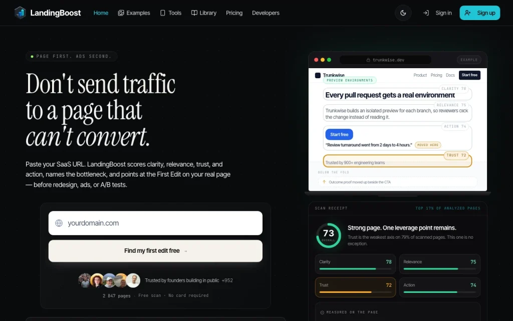 LandingBoost homepage — screenshot of the productivity & writing AI tool, Oct 1, 2026