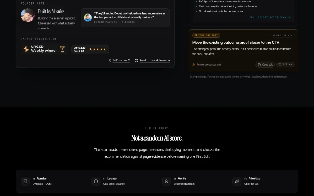 LandingBoost homepage — screenshot of the productivity & writing AI tool, Oct 1, 2026