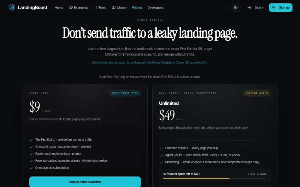 LandingBoost pricing page with plans and prices — screenshot of the productivity & writing AI tool, Oct 1, 2026