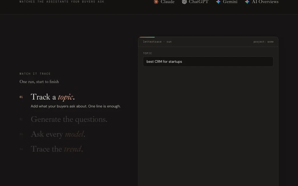 Lettertrace homepage — screenshot of the research & search AI tool, Oct 1, 2026