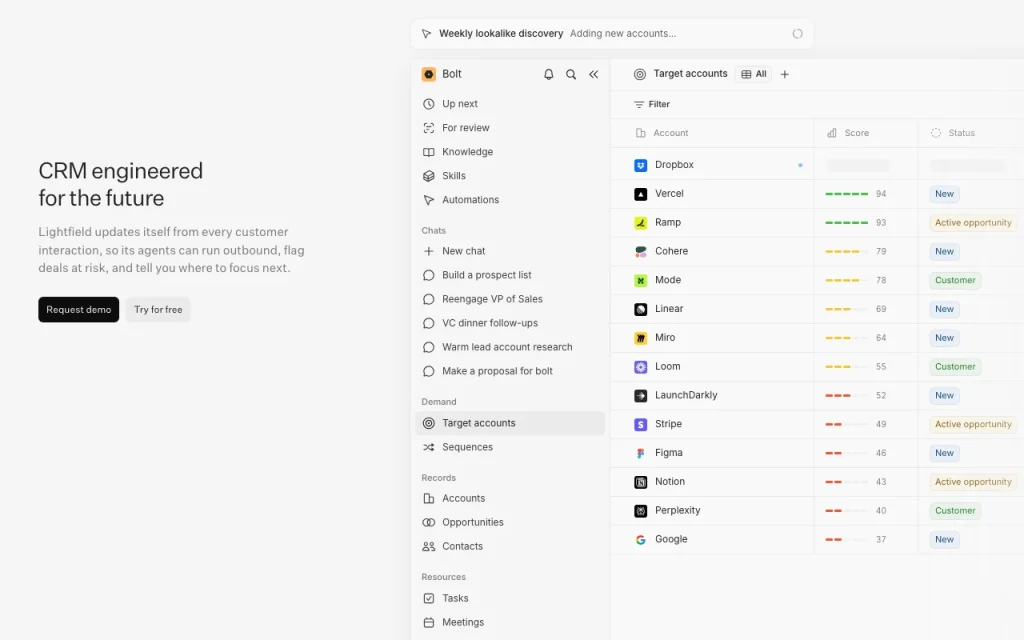 Lightfield homepage — screenshot of the productivity & writing AI tool, Oct 1, 2026