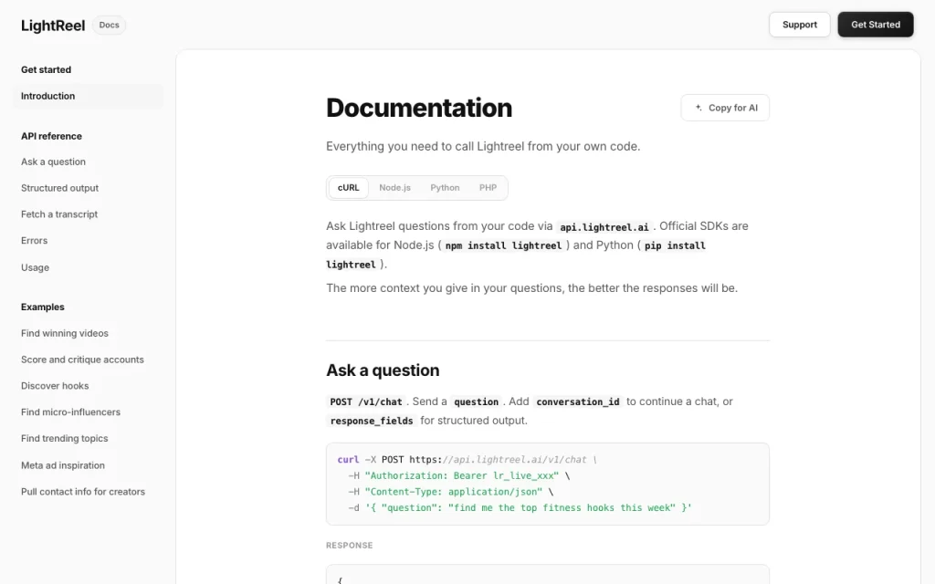 LightReel API documentation — screenshot of the research & search AI tool, Oct 1, 2026