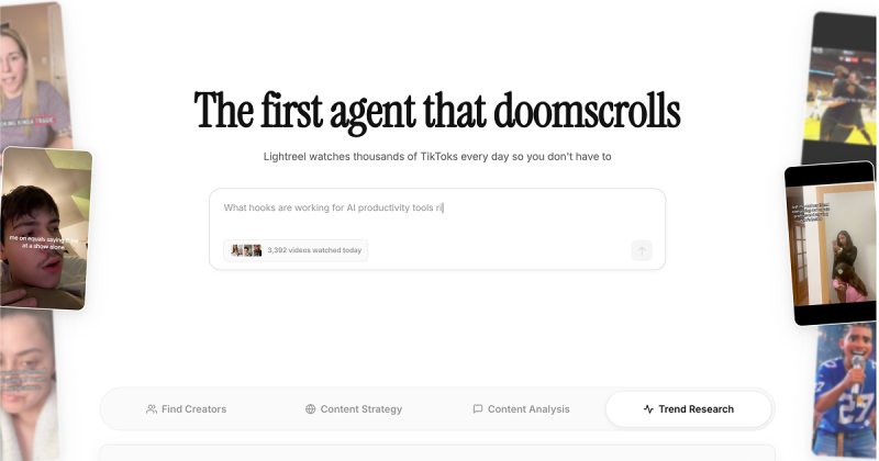 LightReel Startseite, Screenshot, KI-Tool recherche & suche