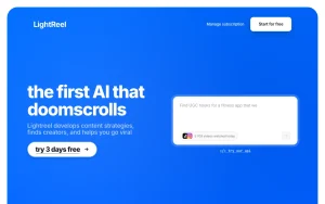 LightReel homepage — screenshot of the research & search AI tool, 2026-10-01