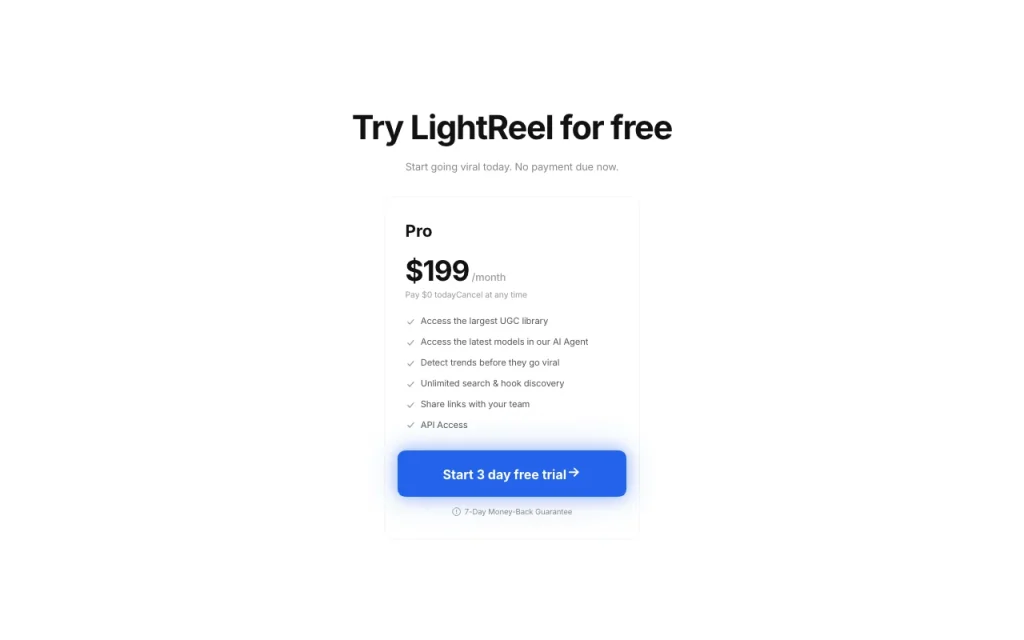 LightReel pricing page with plans and prices — screenshot of the research & search AI tool, Oct 1, 2026