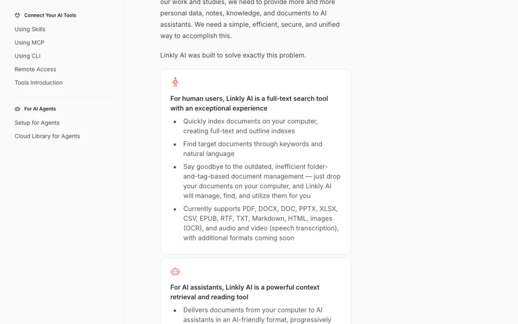 Linkly AI documentation — screenshot of the research & search AI tool, Oct 1, 2026