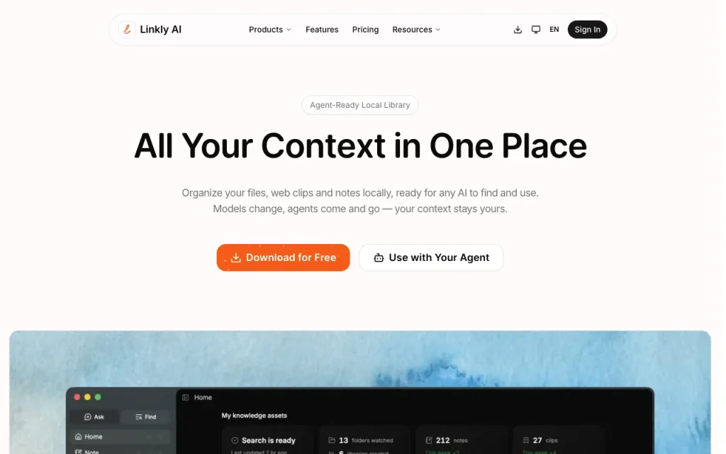 Linkly AI homepage — screenshot of the research & search AI tool, Oct 1, 2026