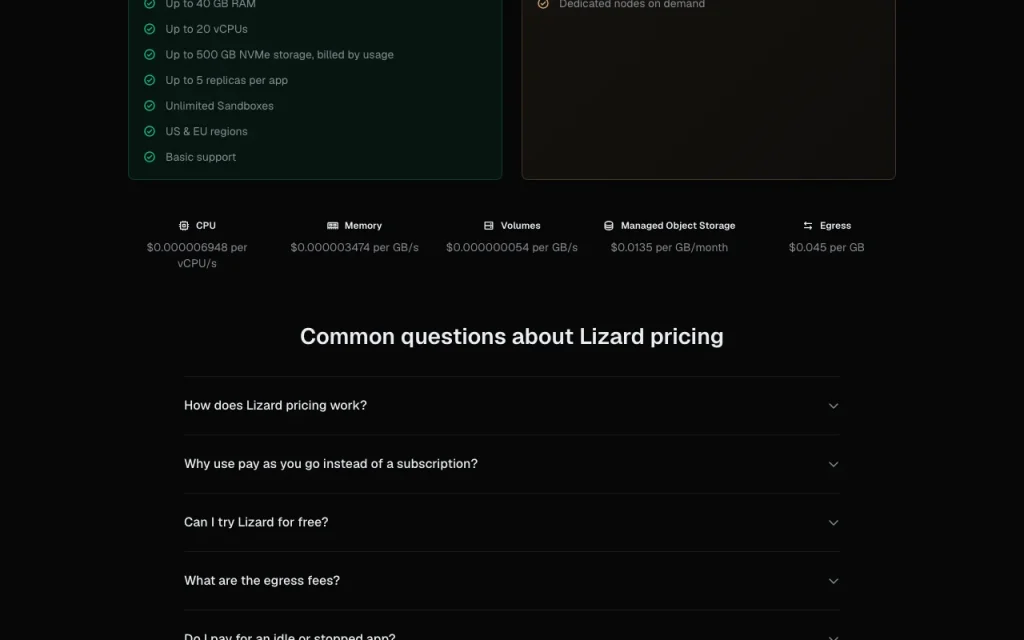 Lizard page de tarifs avec offres et prix — capture d'écran de l'outil d'IA programmation, Oct 1, 2026