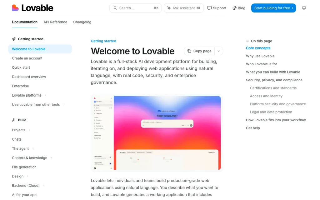 Lovable documentación — captura de pantalla de la herramienta de IA programación, Oct 1, 2026
