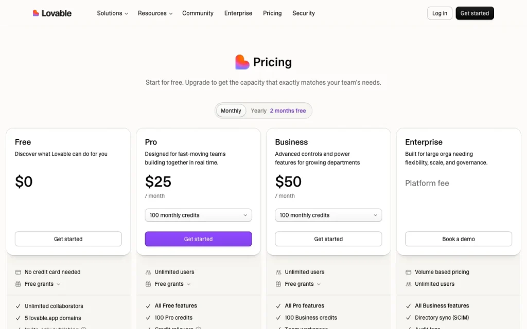Lovable pricing page with plans and prices — screenshot of the coding AI tool, Oct 28, 2026