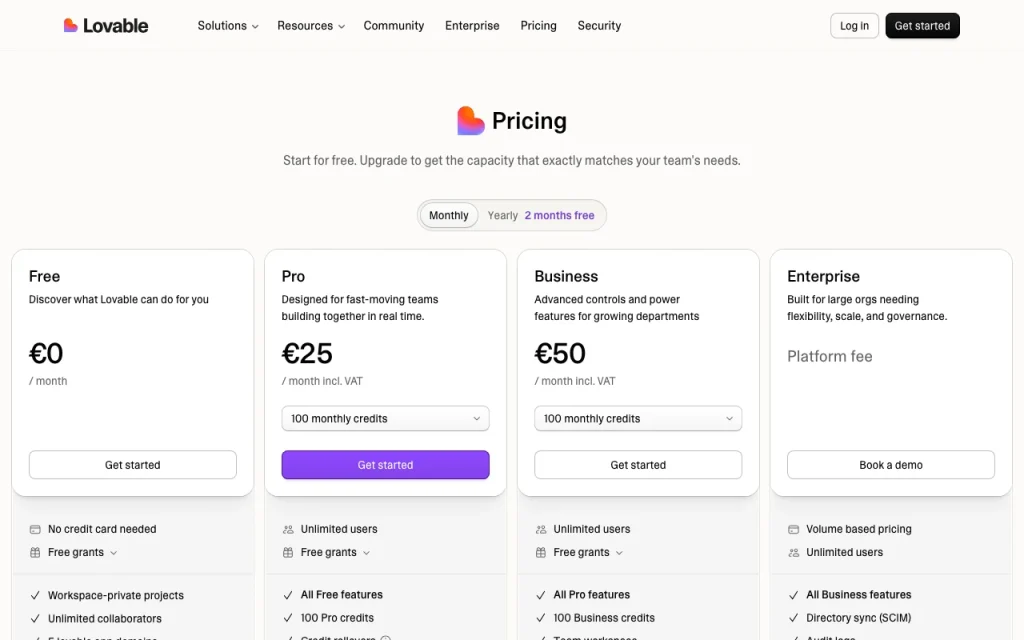 Lovable página de precios con planes y precios — captura de pantalla de la herramienta de IA programación, Oct 1, 2026