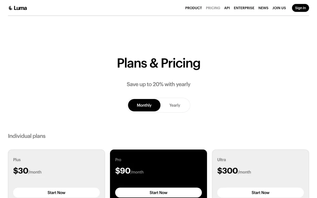 Luma pricing page with plans and prices — screenshot of the video AI tool, Oct 1, 2026