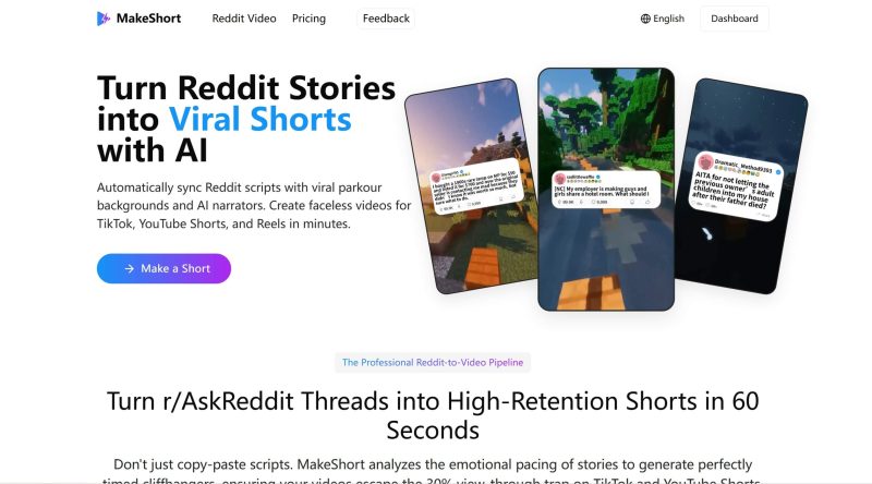 MakeShort.ai homepage screenshot, video AI tool