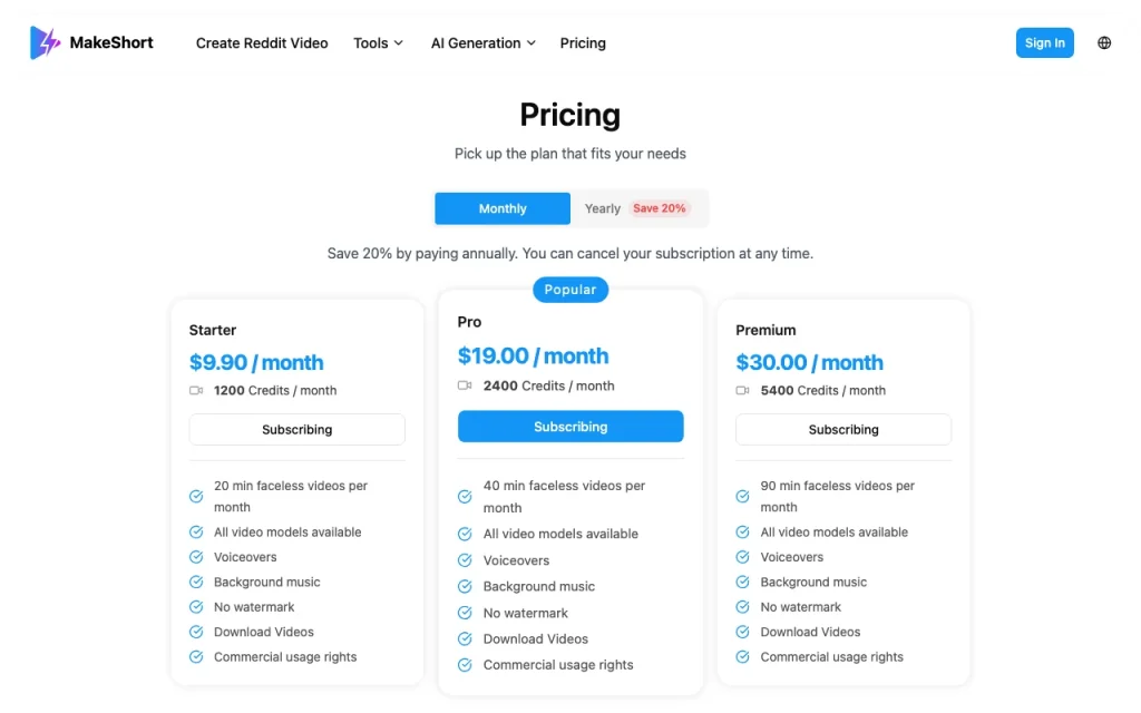 MakeShort.ai página de precios con planes y precios — captura de pantalla de la herramienta de IA video, Oct 1, 2026